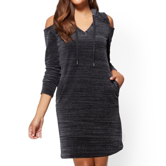 New York & Company Dresses & Skirts - NY&Co Cold-Shoulder Sweatshirt Dress w/ Hood